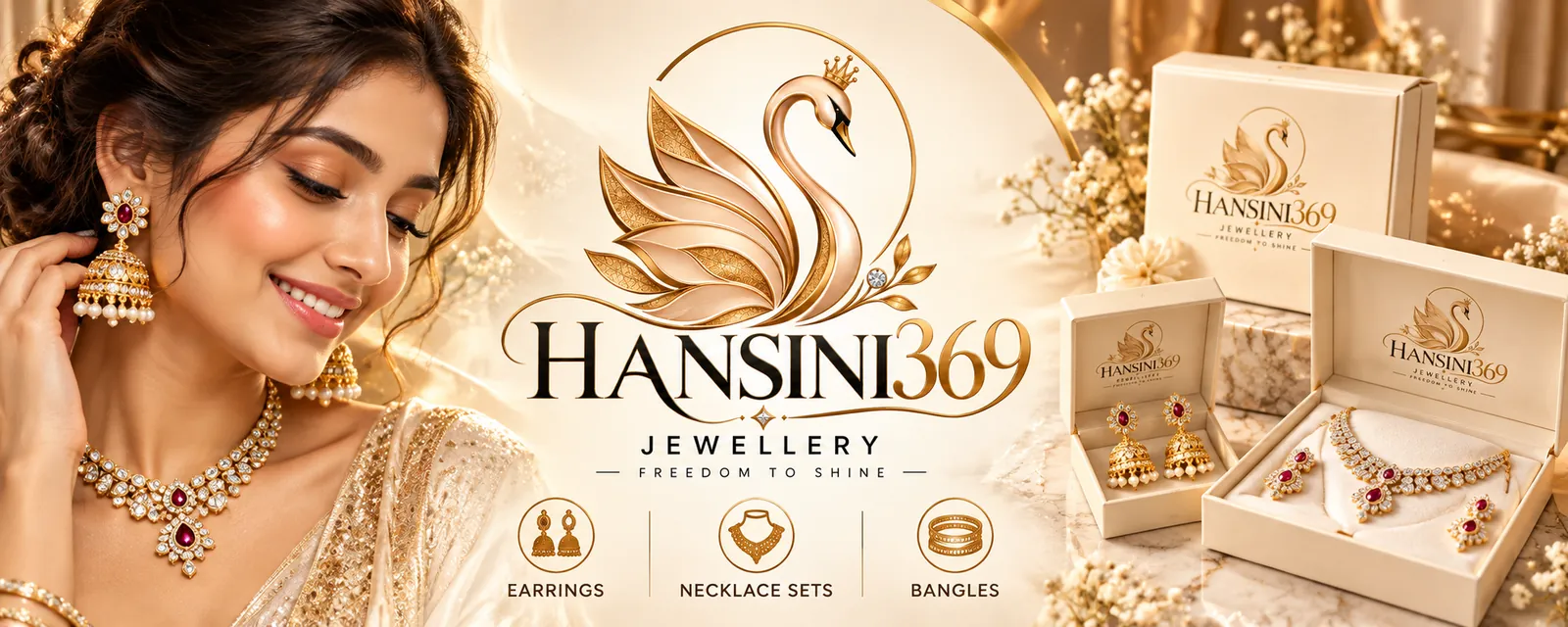 HANSINI369 Jewellery: model wearing a necklace set and jhumkas, with gift boxes of earrings and necklace sets